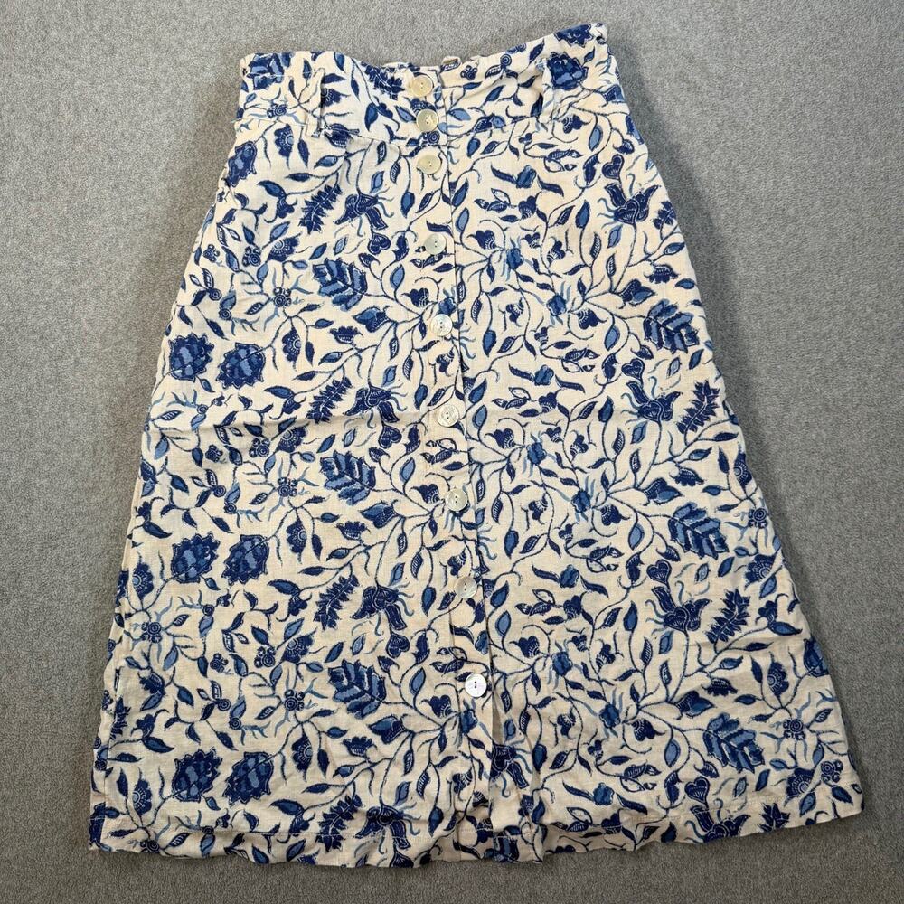 Rachel Zoe Women's Small Blue White Floral 100% Linen Button Front Midi Skirt